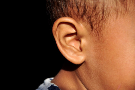 Closeup of asian toddler ear on black backgroundの写真素材