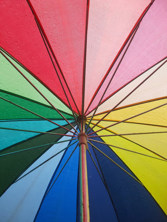 Rainbow umbrella opened close up full colorの写真素材
