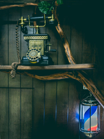 Razor, brush and antique pipe on a barbershop shelf. vintage concept