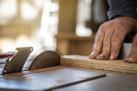 Carpenter working on wood craft at workshop to produce construction material or wooden furniture. DIY maker and carpentry work concept.の写真素材