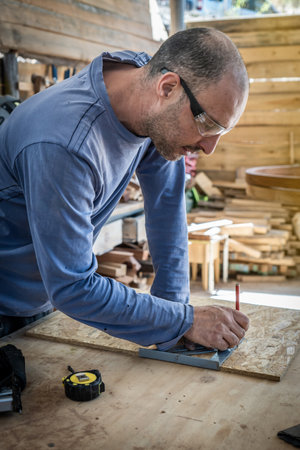 Carpenter working on wood craft at workshop to produce construction material or wooden furniture....