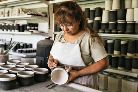 Middle-aged woman craftswoman with apron making the sgraffito on a piece of pottery.の写真素材