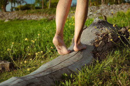Rear view of a woman's feet walking on a log in a meadow. Concept of healthy outdoor life.の写真素材