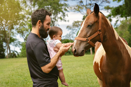 Father and little daughter touching horse. Father's Day Concept.の写真素材