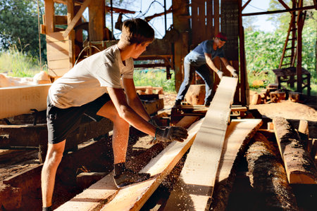 Father and son working together in a sawmill. Teamwork and collaboration are essential to achieve production and quality objectives in the company.の写真素材