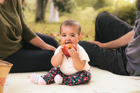 Cute little baby girl eating an apple with parents on picnic in the park.の写真素材