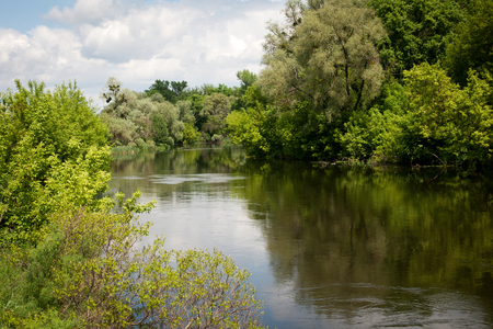 Spring landscape with riverの写真素材