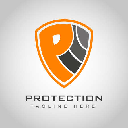 Shield vector logo design for security and protection company with orange color and letter initial Pのイラスト素材