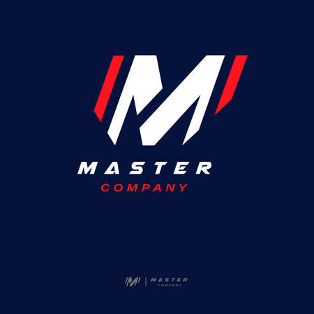 Minimalist and elegant letter M logo design icon. With red and white color on blue background. Perfect use for business logoのイラスト素材