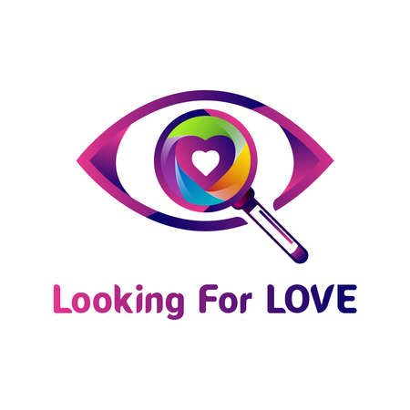 Looking For Love Design Template. With colorful gradient magnifying glass, search, heart, and eye iconのイラスト素材