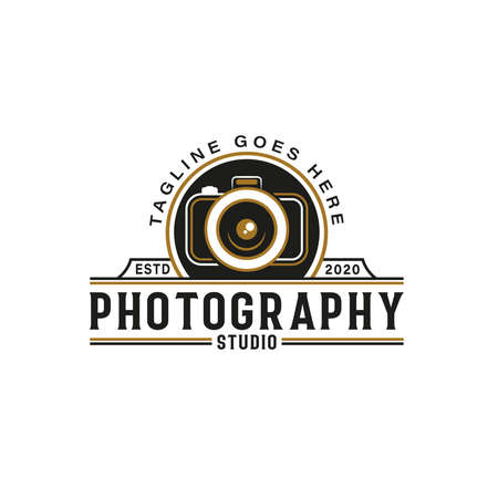 Retro Vintage Style for Photography Logo Design. With camera icon in gold, black and white colors. Premium and Luxury Logo Templateのイラスト素材
