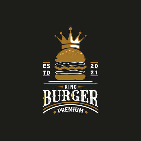 Vintage Retro Style for King Burger Bar Logo. With Crown icon. Premium and Luxury Logo Templateのイラスト素材