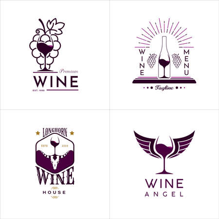 Luxury Wine Logo Design. With purple grapes, bottle, deer horn, and wings. Premium Logo Designのイラスト素材