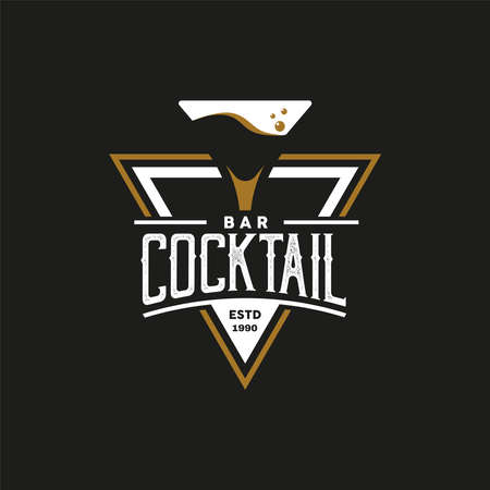 Vintage Retro Style for Cocktail Glass Logo Design. With gold color on black background. Premium and Luxury Logo Templateのイラスト素材