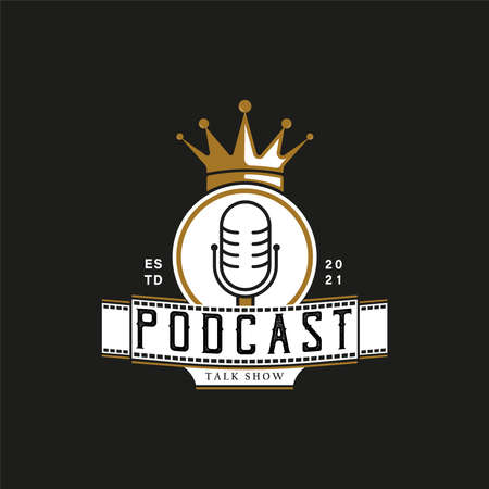 Vintage Retro Logo Style for Podcast Logo. With gold, black, and white Microphone. Premium and Luxury Logoのイラスト素材