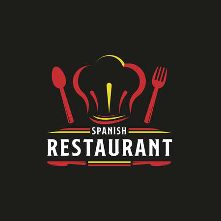 Spanish Food Restaurant Logo. Spain flag symbol with Spoon, Fork, and Chef Head Cap icons. Premium and Luxury Logoのイラスト素材