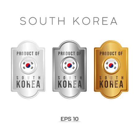 Made in South Korea Label, Stamp, Badge. With The National Flag of South Korea. On platinum, gold, and silver colors. Premium and Luxury Emblemのイラスト素材