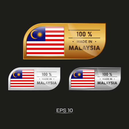 Made in Malaysia Label, Stamp, Badge. With The National Flag of Malaysia. On platinum, gold, and silver colors. Premium and Luxury Emblemのイラスト素材