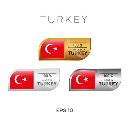 Made in Turkey Label, Stamp, Badge. With The National Flag of Turkey. On platinum, gold, and silver colors. Premium and Luxury Emblemのイラスト素材