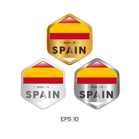 Made in Spain Label, Stamp, Badge. With The National Flag of Spain. On platinum, gold, and silver colors. Premium and Luxury Emblemのイラスト素材