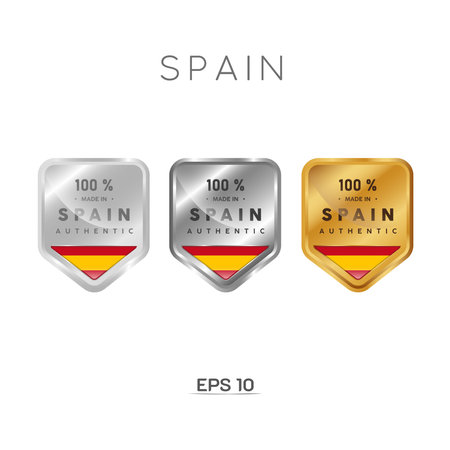 Made in Spain Label, Stamp, Badge. With The National Flag of Spain. On platinum, gold, and silver colors. Premium and Luxury Emblemのイラスト素材