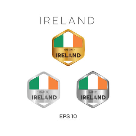 Made in Ireland Label, Stamp, Badge. With The National Flag of Ireland. On platinum, gold, and silver colors. Premium and Luxury Emblemのイラスト素材