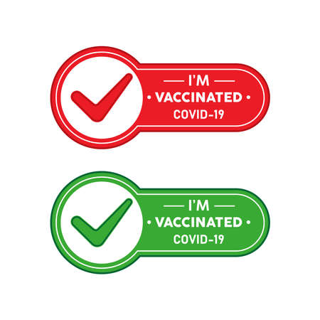 Vaccinated Covid 19 Label, Stamp, Badge, or Logo.  On red and green colors. Premium and Luxury Emblemのイラスト素材