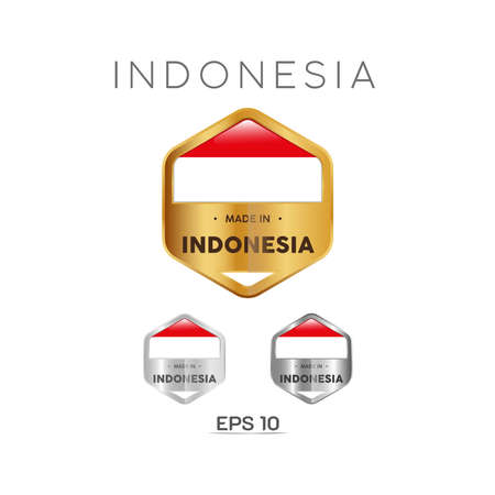 Made in Indonesia Label, Stamp, Badge, or Logo. With The National Flag of Indonesia. On platinum, gold, and silver colors. Premium and Luxury Emblemのイラスト素材