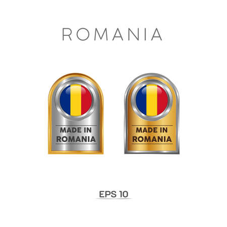 Made in Romania Label, Stamp, Badge, or Logo. With The National Flag of Romania. On platinum, gold, and silver colors. Premium and Luxury Emblemのイラスト素材