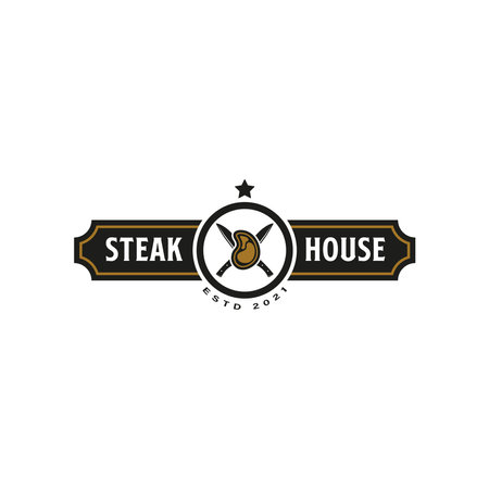Vintage Retro Steak House Logo Design. With crossed cleavers or knives, and beef or meat icons. Premium and luxury label or stickerのイラスト素材