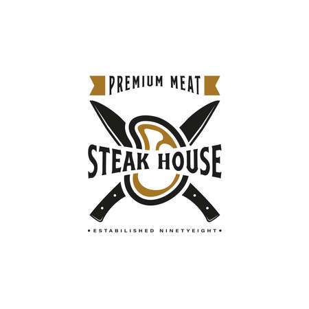 Vintage Retro Steak House Logo Design. With crossed cleavers or knives, and beef or meat icons. Premium and luxury label or stickerのイラスト素材