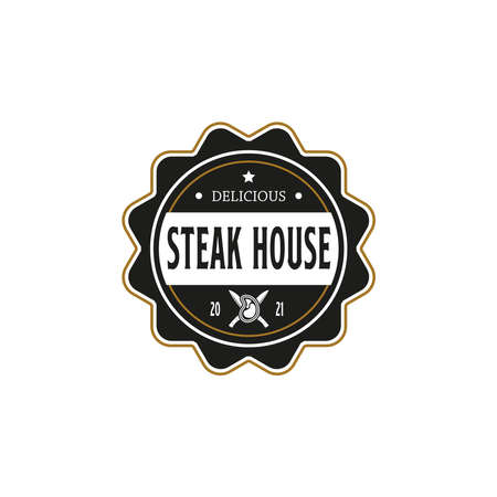 Vintage Retro Steak House Logo Design. With crossed cleavers or knives, and beef or meat icons. Premium and luxury label or stickerのイラスト素材