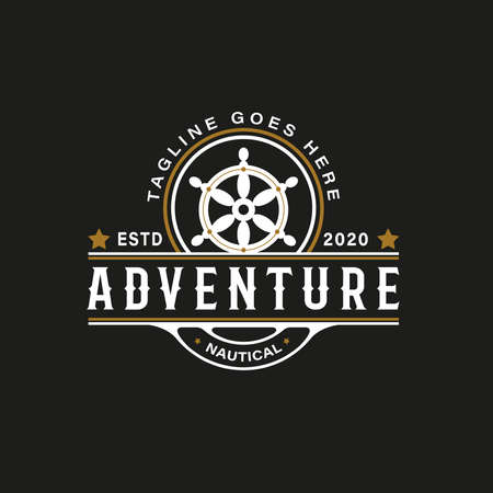 Vintage Retro Ship steering wheel logo. Nautical adventure on gold, black, white colors. Premium and luxury logo templateのイラスト素材