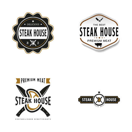 Set of Vintage Retro Steak House Logo Design. With crossed cleavers or knives, cow, and beef or meat icons. Premium and luxury label or stickerのイラスト素材