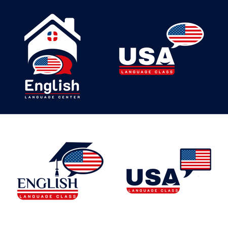 Set of USA English Language Class Logo. language exchange program, forum and international communication sign. With United States Flagのイラスト素材