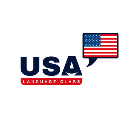 USA English Language Class Logo. language exchange program, forum and international communication sign. With United States Flagのイラスト素材