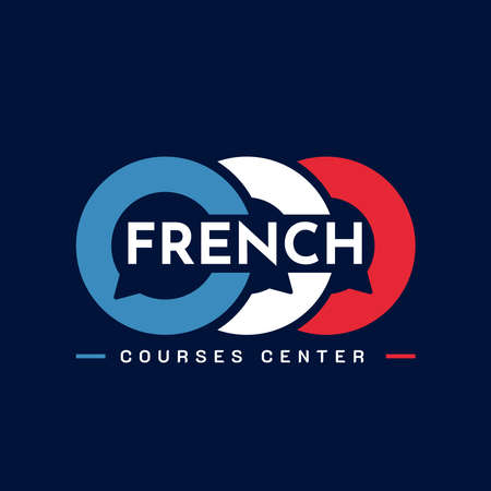 Learning French Language Class Logo. language exchange program, forum, speech bubble, and international communication sign. With France Flagのイラスト素材