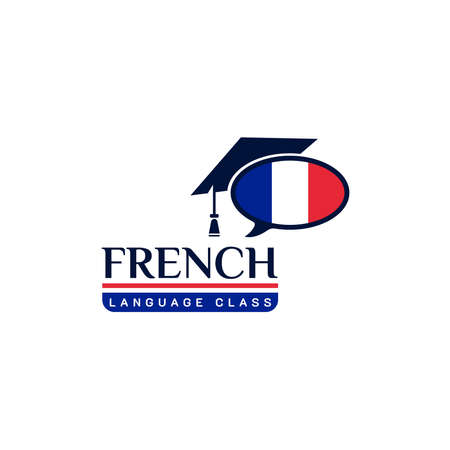 Learning French Language Class Logo. language exchange program, forum, speech bubble, and international communication sign. With France Flagのイラスト素材