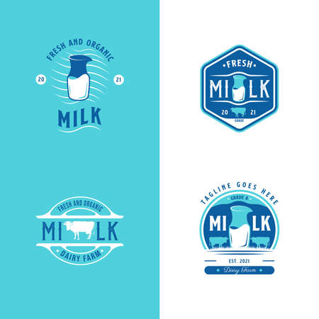 Set of Milk and Dairy Farm Product Logo. With milk glass, and cow silhouette. Premium, luxury, and vintage emblem labelのイラスト素材