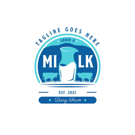 Milk and Dairy Farm Product Logo. With milk glass, and cow silhouette. Premium, luxury, and vintage emblem labelのイラスト素材