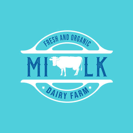 Milk and Dairy Farm Product Logo. With milk glass, and cow silhouette. Premium, luxury, and vintage emblem labelのイラスト素材