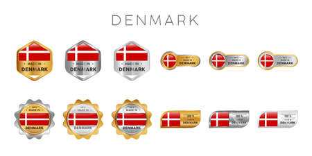 Made in Denmark Label, Stamp, Badge, or Logo. With The National Flag of Denmark. On platinum, gold, and silver colors. Premium and Luxury Emblemのイラスト素材