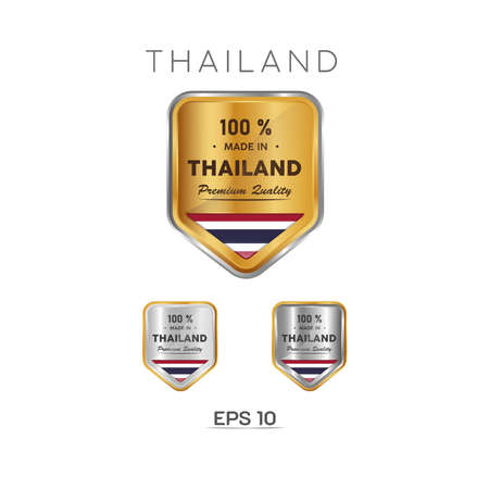Made in Thailand Label, Stamp, Badge, or Logo. With The National Flag of Thailand. On platinum, gold, and silver colors. Premium and Luxury Emblemのイラスト素材