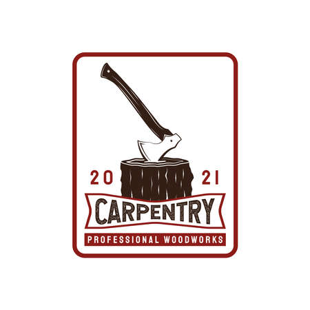 Vintage Carpentry and Mechanic . With ax, tree trunk, and wood icon. Retro, premium, and luxury design vectorのイラスト素材
