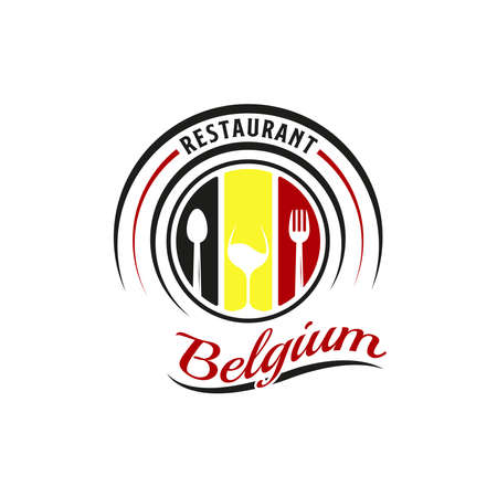 Belgium Food Restaurant Logo. Belgium flag symbol with Spoon, wine glass, knife, and Fork icons. Premium and Luxury Logoのイラスト素材