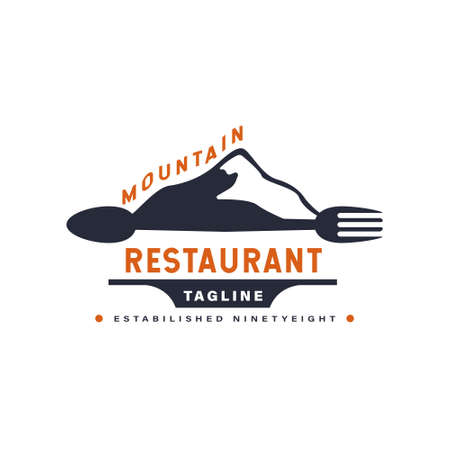 Vintage Restaurant Mountain Logo. Outdoor Cafe. With mountain, spoon, fork, and star symbols. Premium and luxury vector illustration templateのイラスト素材