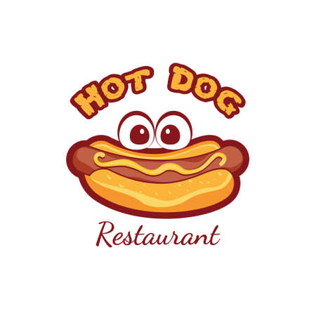 Cute Hot Dog Logo Design. For restaurant, cafe, or fast food logo. With a cute character and eye icon. Premium and luxury illustration vectorのイラスト素材