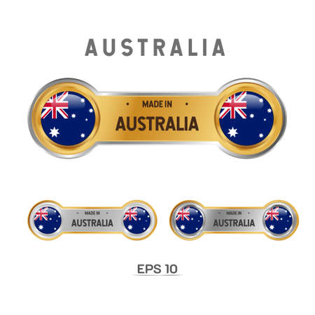 Made in Australia Label, Stamp, Badge, or Logo. With The National Flag of Australia. On platinum, gold, and silver colors. Premium and Luxury Emblemのイラスト素材