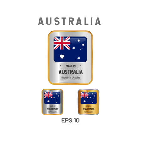 Made in Australia Label, Stamp, Badge, or Logo. With The National Flag of Australia. On platinum, gold, and silver colors. Premium and Luxury Emblemのイラスト素材