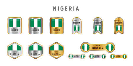 Made in Nigeria Label, Stamp, Badge, or Logo. With The National Flag of Nigeria. On platinum, gold, and silver colors. Premium and Luxury Emblemのイラスト素材